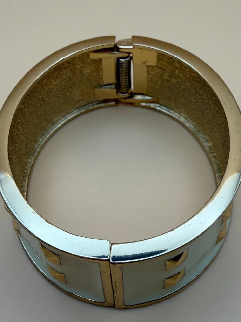 1980s Ivory Enamel/Gold Studded Hinged Clamper Bracelet